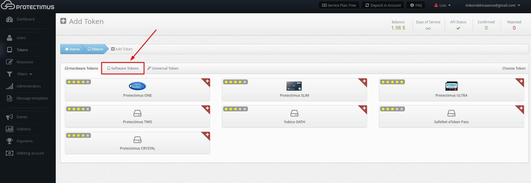 Protectimus SMS token setup - Software tokens button