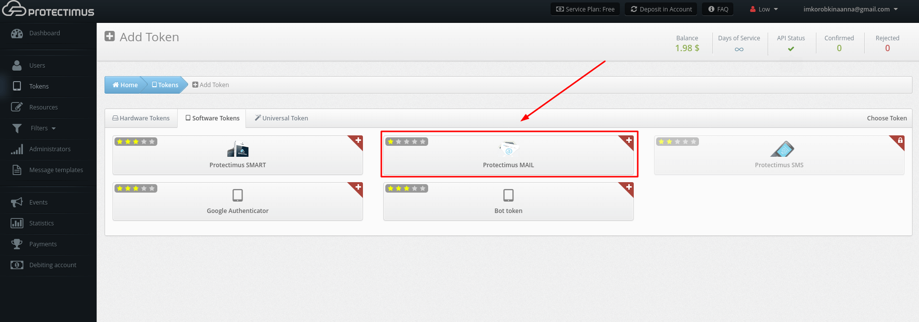 Protectimus Mail token setup - Protectimus MAIL button