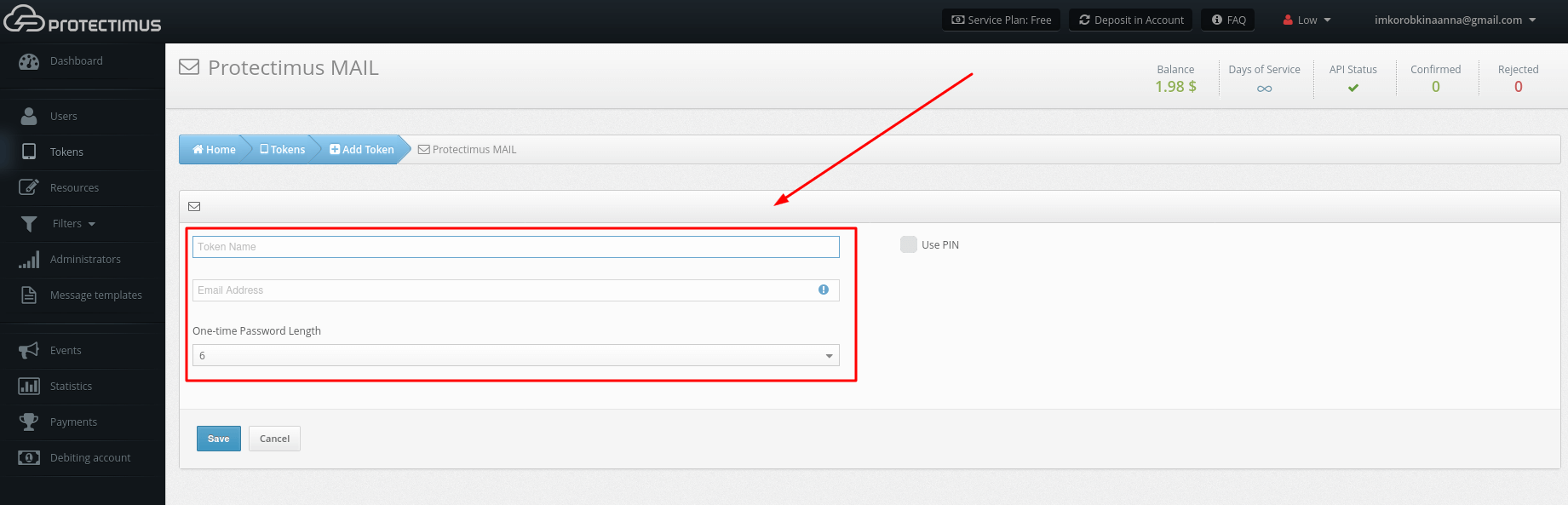 Protectimus Mail token setup - Fill in all the required fields