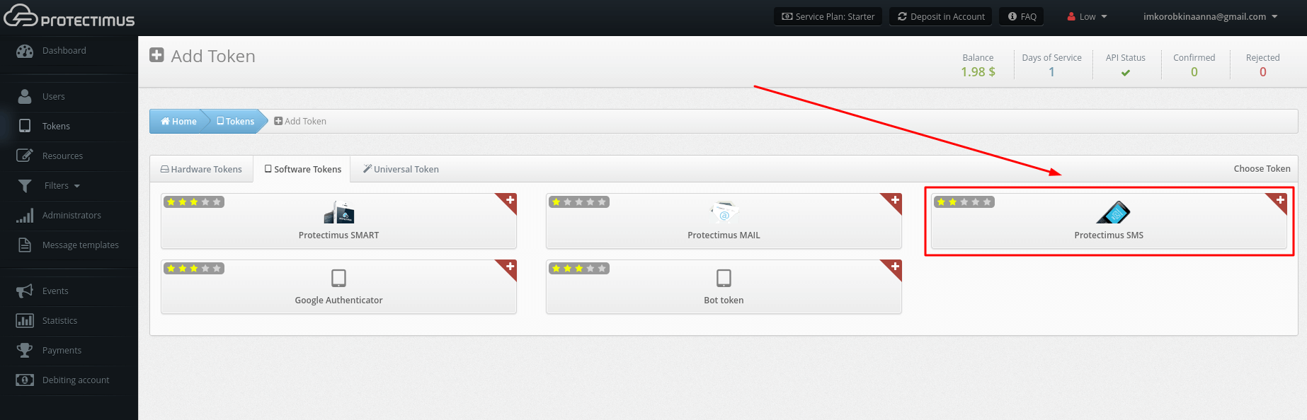 Protectimus SMS token setup - Protectimus SMS button