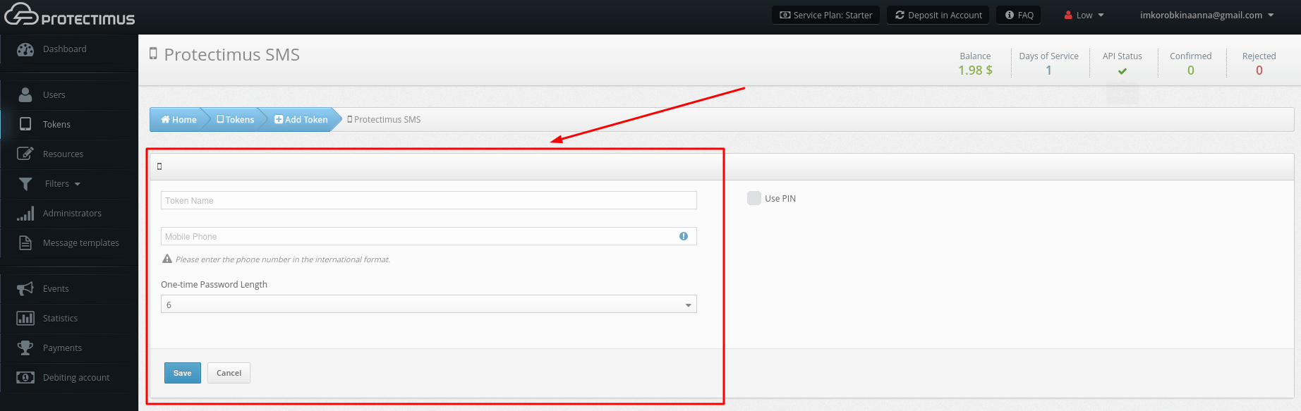 Protectimus SMS token setup - Fill in all the required fields