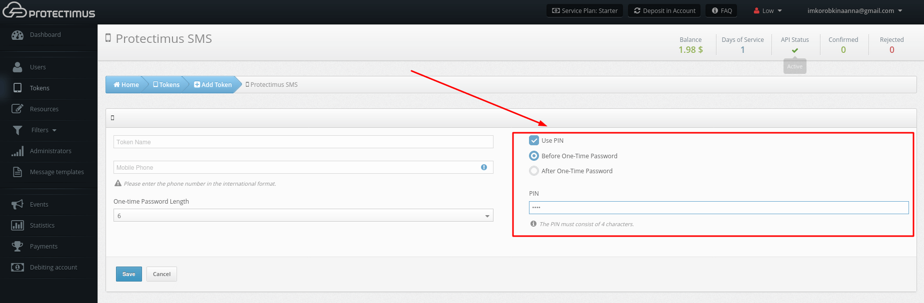 Protectimus SMS token setup - How to add PIN to the one-time passwords